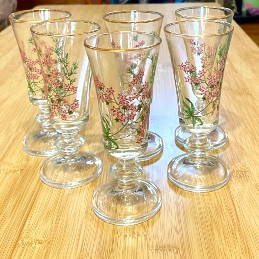 Set of six Liquor/Cordial glasses, gold rim, delicate floral design, very pretty